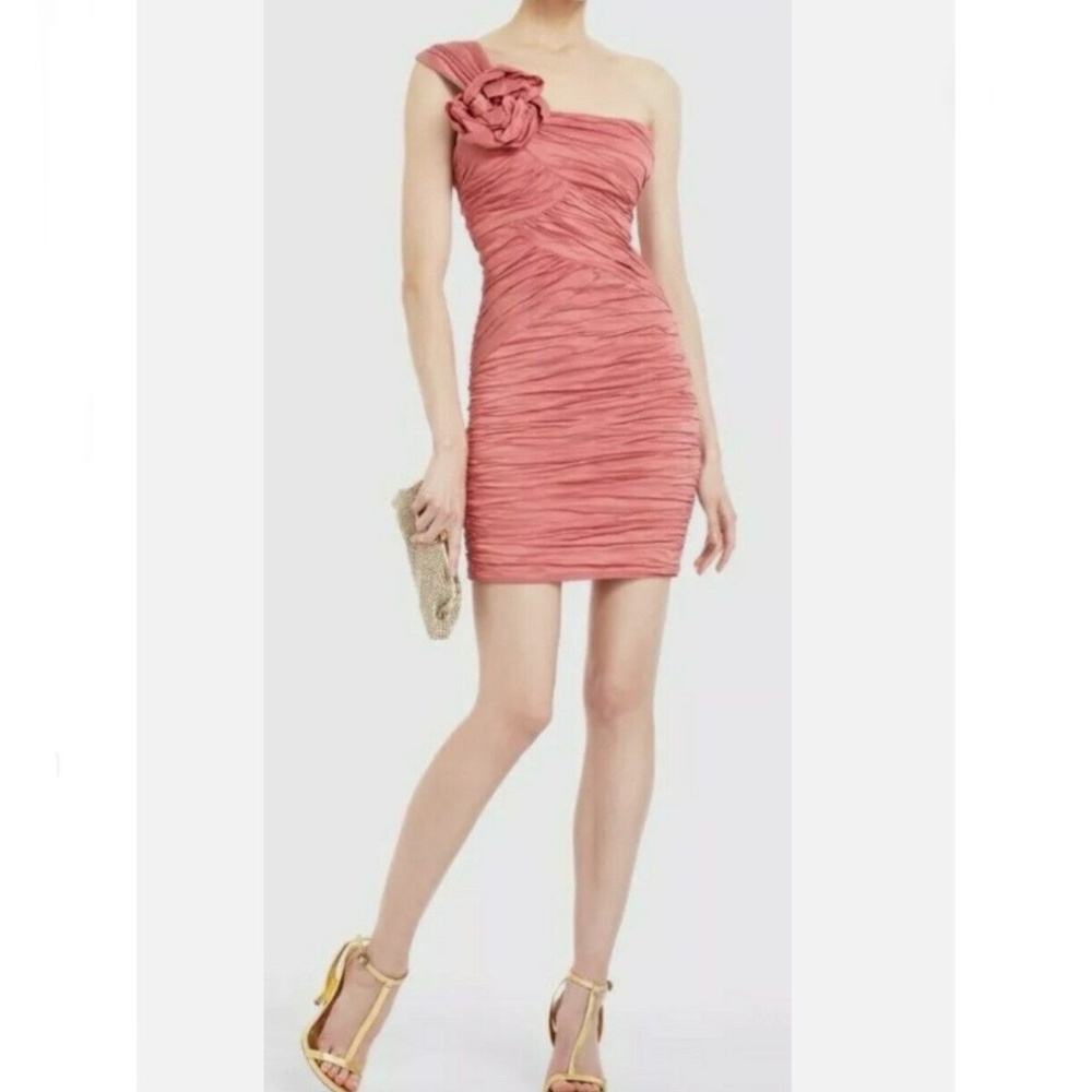 Coral Pink One Shoulder Taffeta Dress - Picture 2 of 4